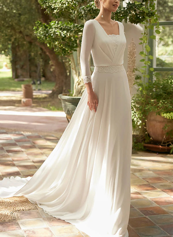 Luolandi Boho Lace Square Neckline A-Line Wedding Dresses Floor Length With Sleeves Elegant