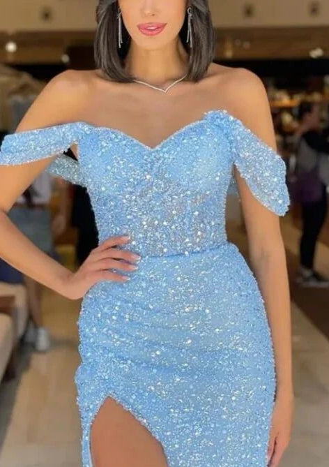 Luolandi Vintage Sky Blue Sweetheart Straps Sequins Slit Mermaid Evening Dress Tulle With Detachable Ruffles Off Shoulder
