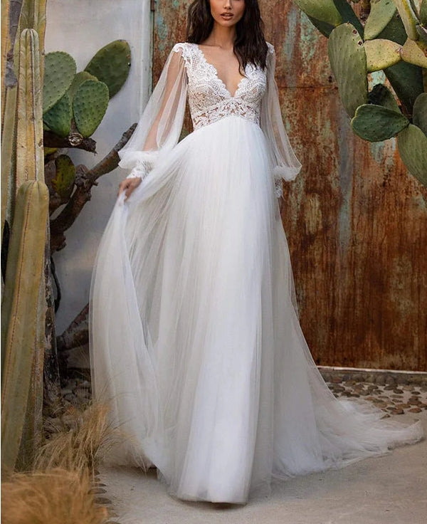 Luolandi A-Line V-Neck Long Sleeves Sweep Train Tulle Wedding Dresses With Lace Open Back Elegant