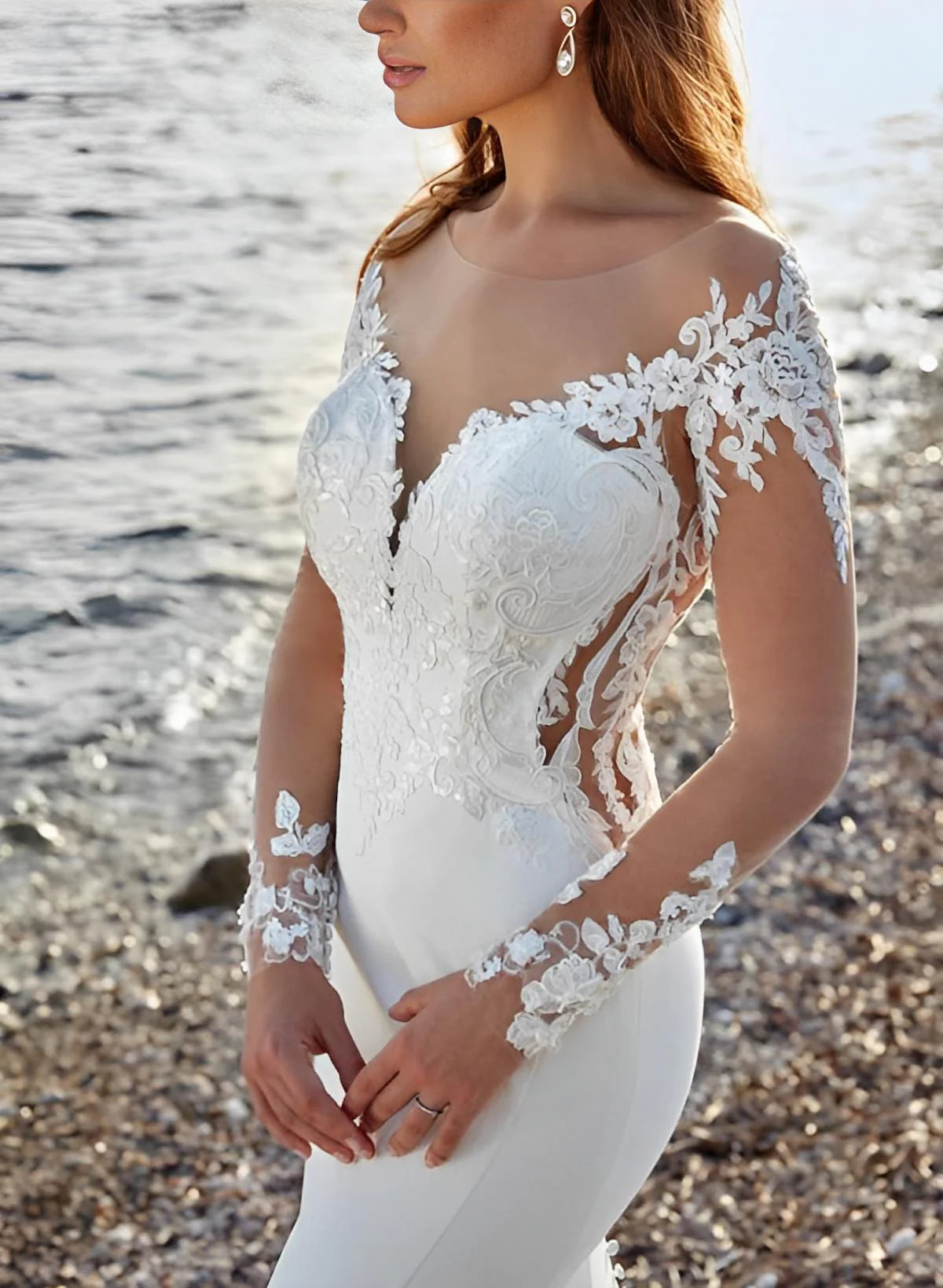 Luolandi Long Sleeves Court Train Lace/ Satin Wedding Dresses With Appliques Lace Elegant