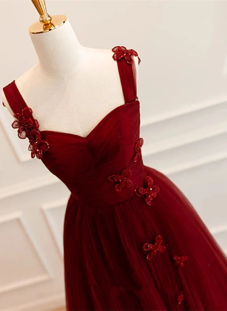 Luolandi Wine Red Straps A-Line Tulle Long Party Dress Formal Evening Dress Prom Dress