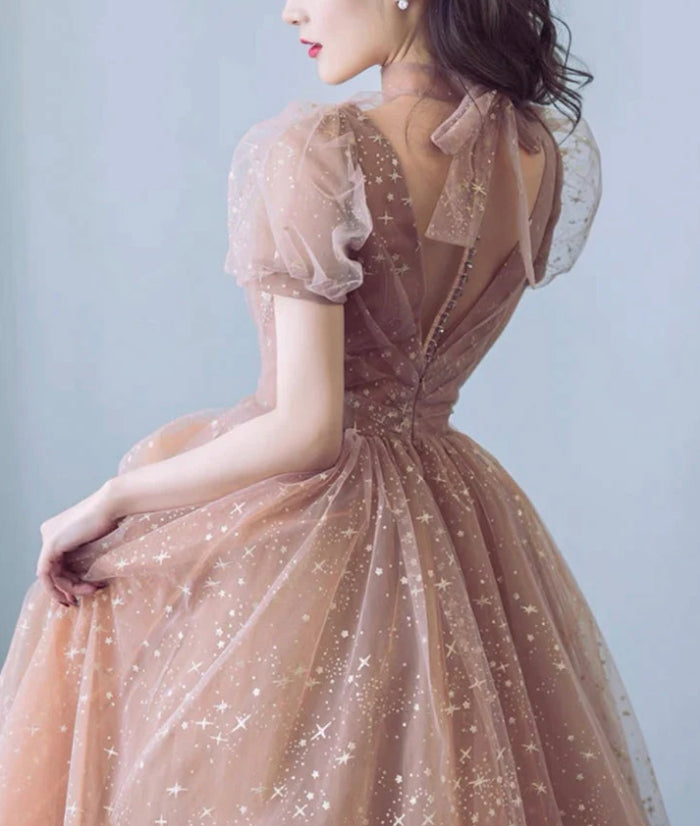 Luolandi Cute Tulle Long Prom Dress A-Line Short Sleeve Evening Party Dress V-neck