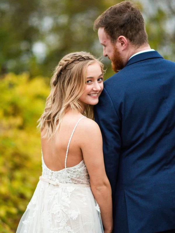 Luolandi Elegant Tulle Spaghetti Straps Neckline Backless A-line Wedding Dresses With Appliques Beautiful