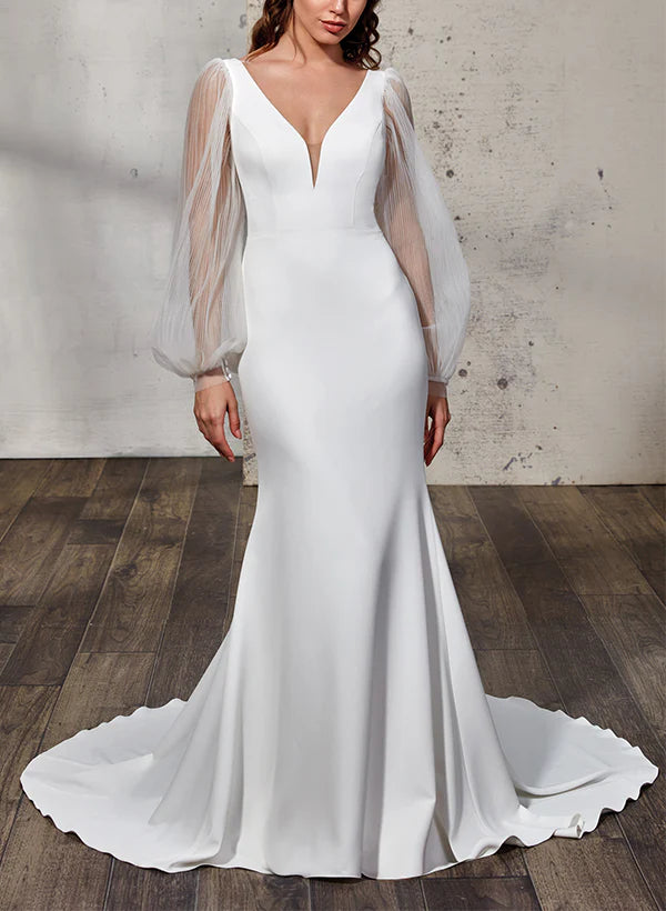 Luolandi Elegant Trumpet Mermaid V-Neck Long Sleeves Wedding Gowns Floor Length Simple Wedding Dress
