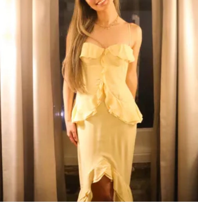 Luolandi Yellow Spaghetti Straps Sheath Ruffle Party Dress Wedding Guest Dress Charming