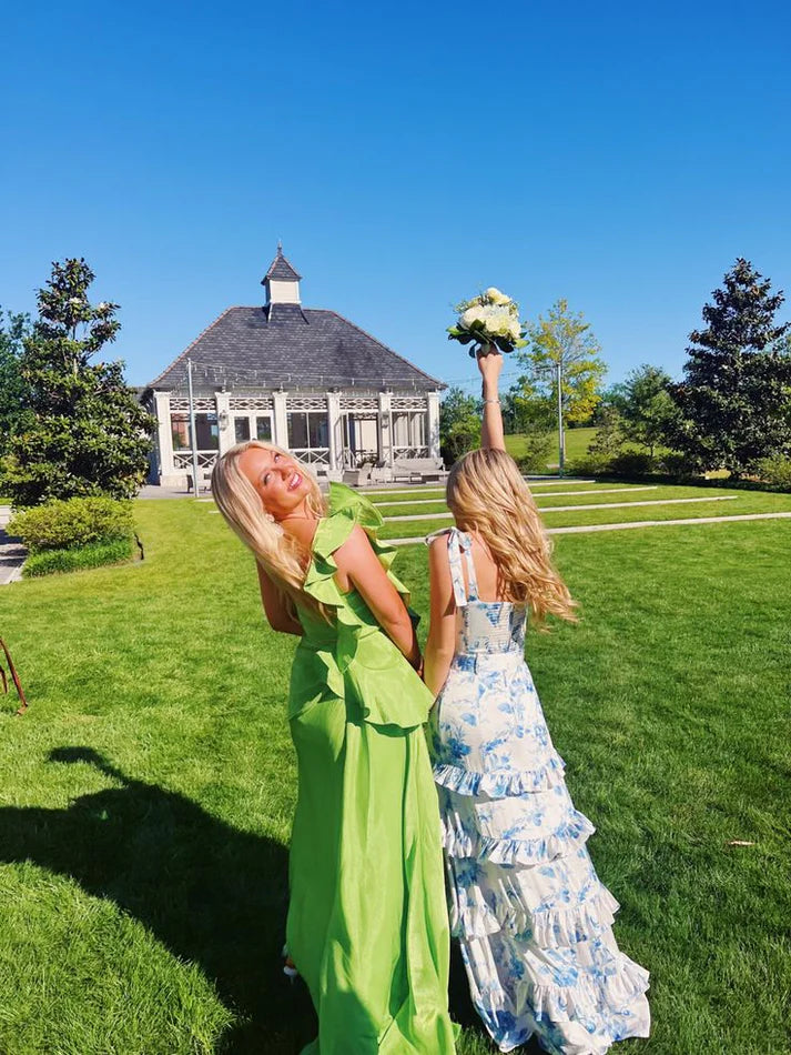 Luolandi Sweet Printed A-Line Ruffles Elegant Party Dress with Slit Elegant Evening Dress Formal Dress