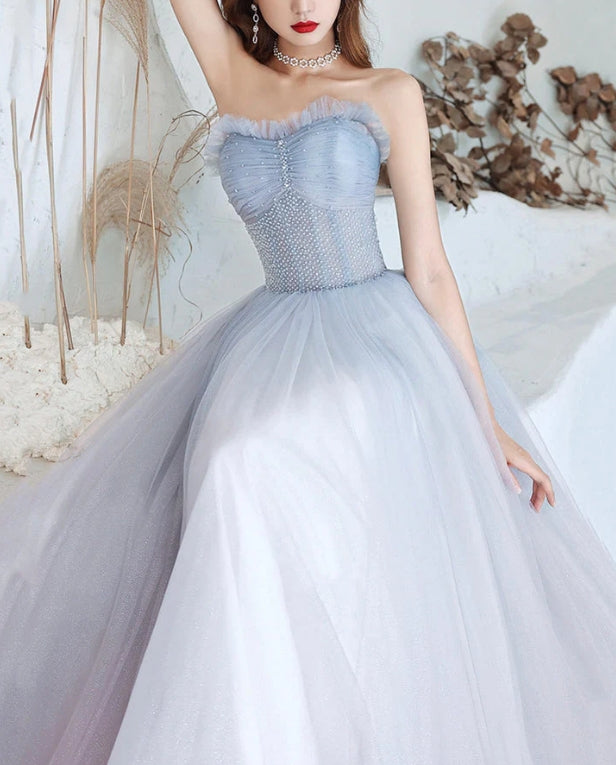 Luolandi Cute Strapless Tulle Long Prom Dress A-Line Formal Evening Dress Party Dress
