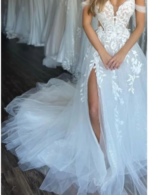 Luolandi Beach Formal Wedding Dresses A-Line Off Shoulder Sleeveless Court Train Lace Bridal Gowns With Pleats Split Front Sexy