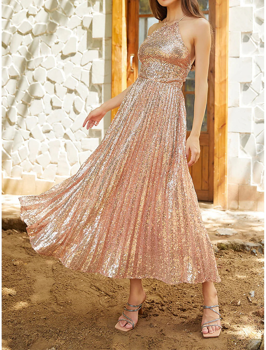 Luolandi Women's Sequin Dress Rose Gold Dress Party Dress Sparkly Dress Cocktail Dress Midi Dress Champagne Sleeveless Sparkly Glitter Spring Fall Winter Halter Neck Evening Dress
