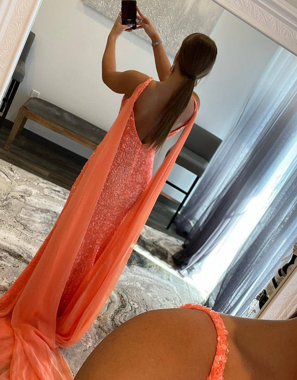 Luolandi Mermaid V Neck Sequin Prom Dress with Slit Sparkly Solid Color Sexy Evening Dress