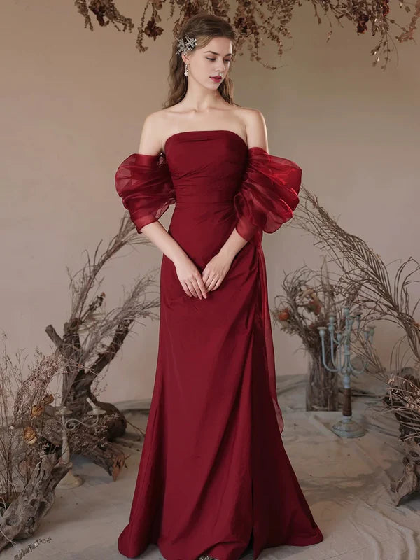 Luolandi Simple Off Shoulder Satin Burgundy Long Floor-length Prom Dress Evening Dress With Slit