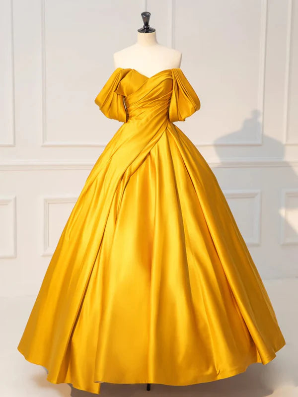 Luolandi Yellow Off Shoulder Satin Long Prom Dress Quinceanera Dress Solid Color Evening Dress