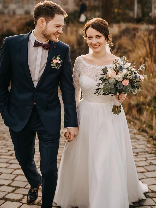 Luolandi Simple Lace Long sleeves Chiffon A-line Wedding Dresses Floor Length Elegant Bridal Gown