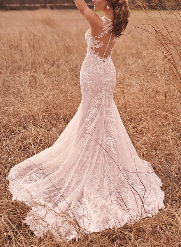 Luolandi Elegant Lace/Tulle Wedding Dresses With Trumpet/Mermaid Illusion Neck Floor Length Elegant