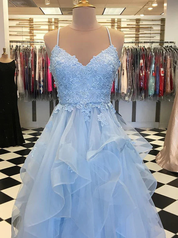 Luolandi Popular Tulle Prom Dresses Appliqued Tiered A-line Gowns Floor Length Beautiful