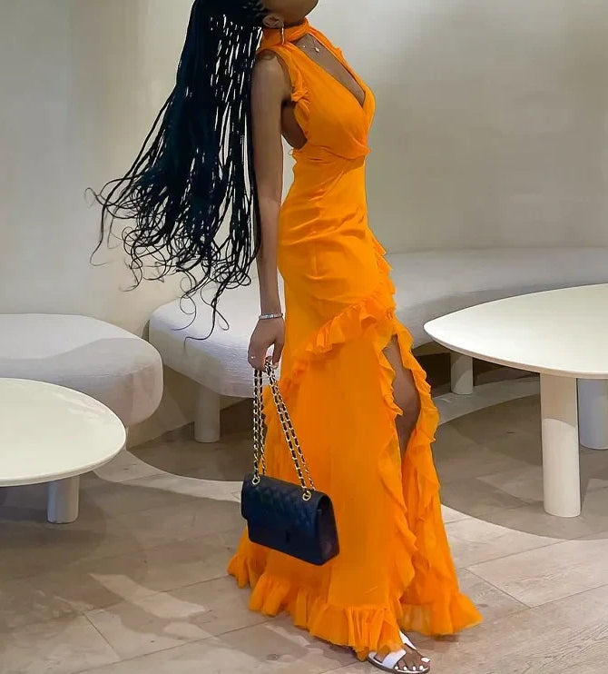 Luolandi Ruffles Halter Sexy V Neck Backless Maxi Party Dresses Vacation Outfits Evening Dress