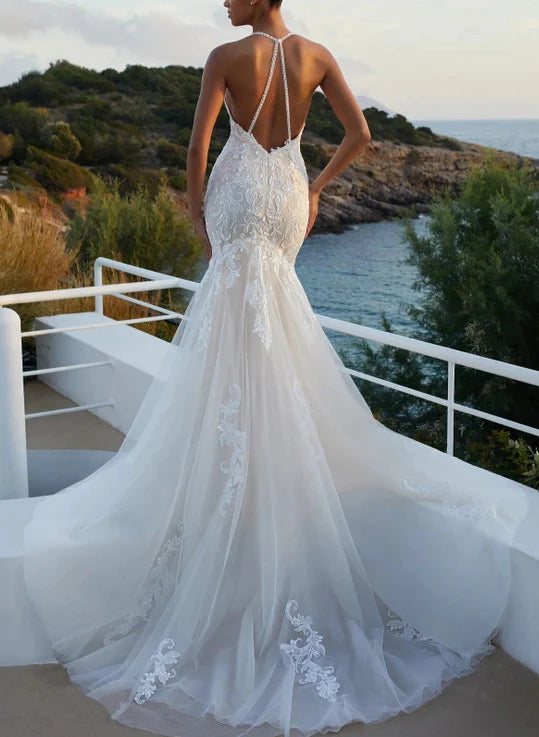 Luolandi Mermaid Wedding Dresses With Lace And Back Hole V-neck Floor Length Elegant