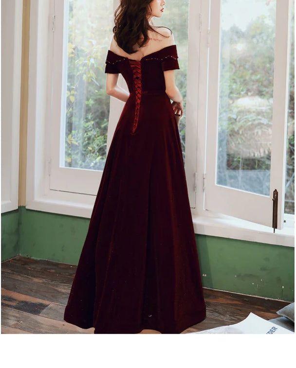 Luolandi Wine Red Velvet Long A-line Bridesmaid Dress Prom Dresses Off Shoulder Elegant Evening Dress