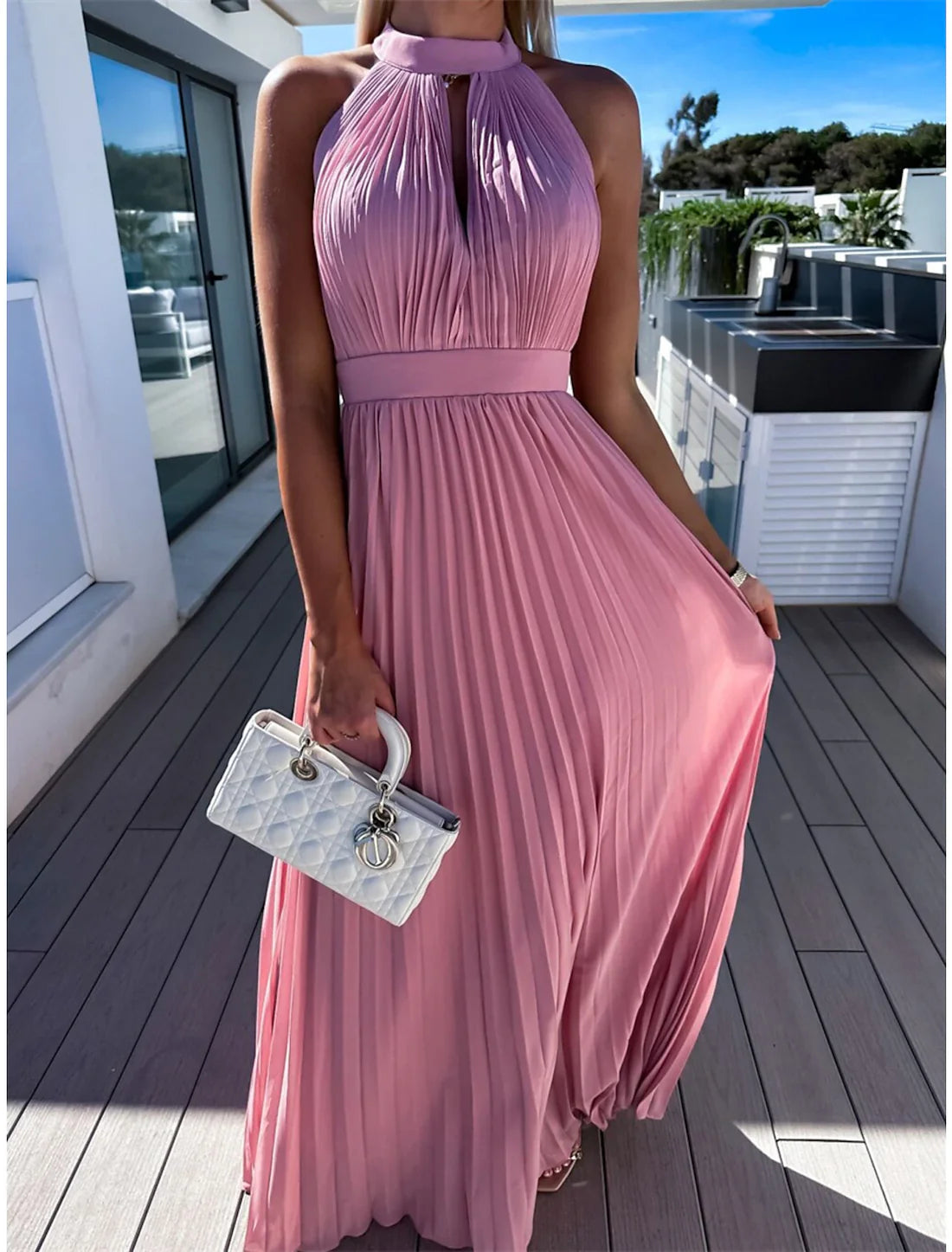 Luolandi Women's Long Dress Maxi Dress Party Dress Casual Dress Summer Dress Pure Color Streetwear Casual Outdoor Holiday Going out Ruched Pleated Sleeveless Halter Neck Dress Slim Pink Blue