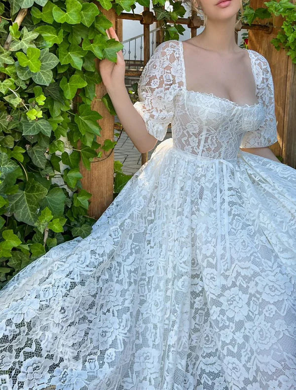 Luolandi Reception Little Dresses Wedding Dresses A-Line Sweetheart Half Sleeve Tea Length Lace Bridal Gowns With Appliques
