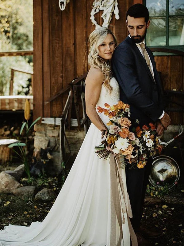 Luolandi Delicate Lace Bridal Gowns Sweetheart Chiffon A-line Wedding Dresses Off Shoulder Charming