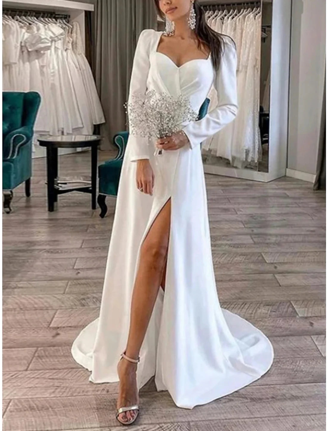 Luolandi Formal Wedding Dresses Sheath / Column Sweetheart Long Sleeve Court Train Satin Bridal Gowns With Pleats Split