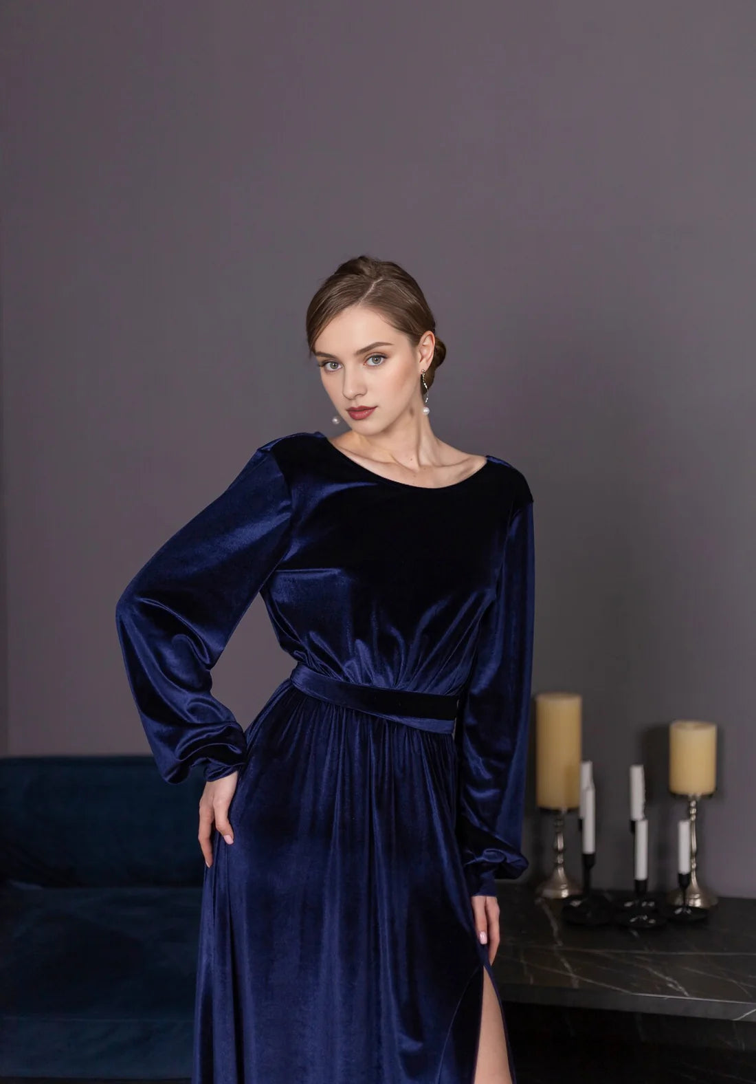 Luolandi Long Sleeves Winter Formal Dresses Women Velvet Wedding Guest Plus Size Dress Cocktail Dress Evening Dress With Slit