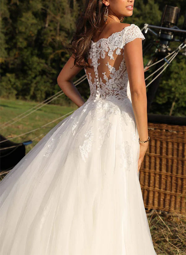 Luolandi Illusion Neck A-Line Sleeveless Sweep Train Tulle Wedding Dresses With Lace Floor Length
