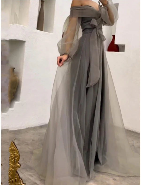 Luolandi Sheath / Column Prom Dresses Princess Dress Wedding Party Sweep / Brush Train Long Sleeve Off Shoulder Belt / Sash Tulle with Bow(s) Pleats Slit Solid Color