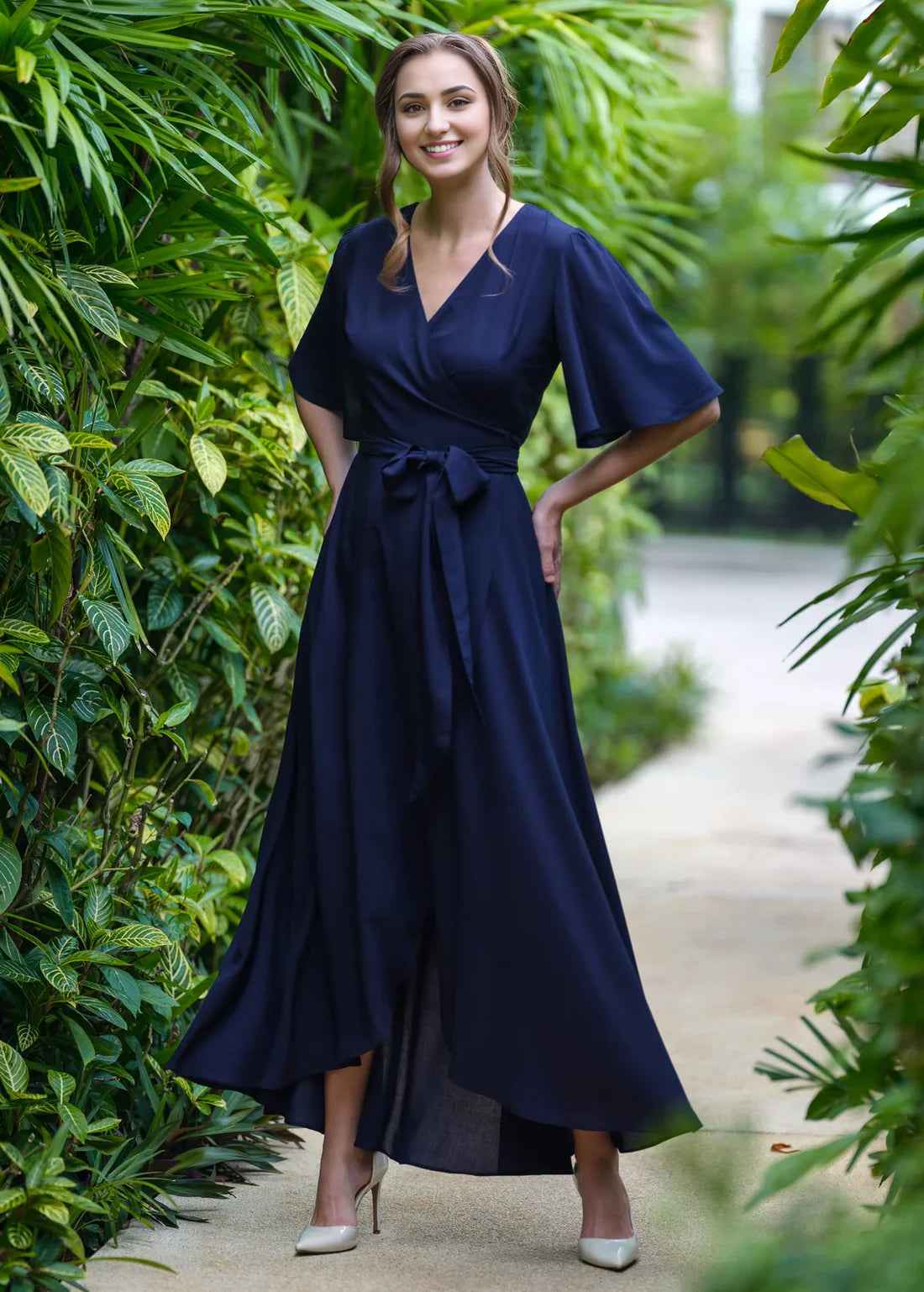 Luolandi Navy Blue Chiffon Bridesmaid Dress Wedding Guest Dress Chiffon Long Wrap Dress Party Dress