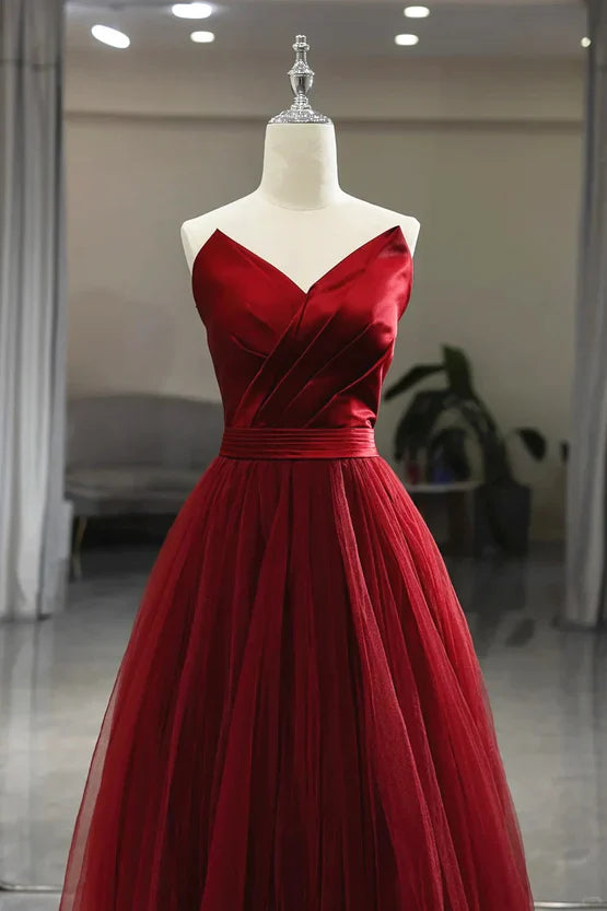 Luolandi Wine Red Tea Length Tulle V-neckline Prom Dress Tulle Party Dress Sexy Evening Dress