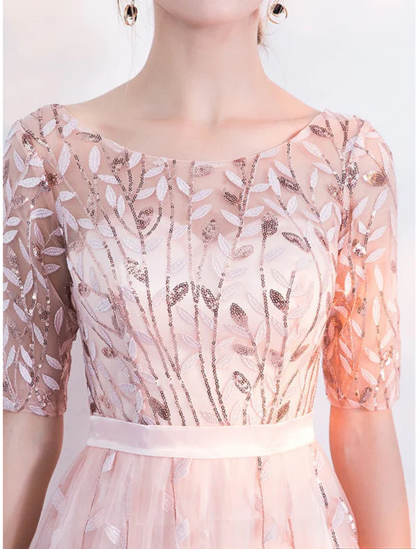 Luolandi Sheath / Column Mother of the Bride Dress Wedding Guest Party Sparkle & Shine Petite Scoop Neck Sweep / Brush Train Tulle Half Sleeve with Sequin Fall Elegant