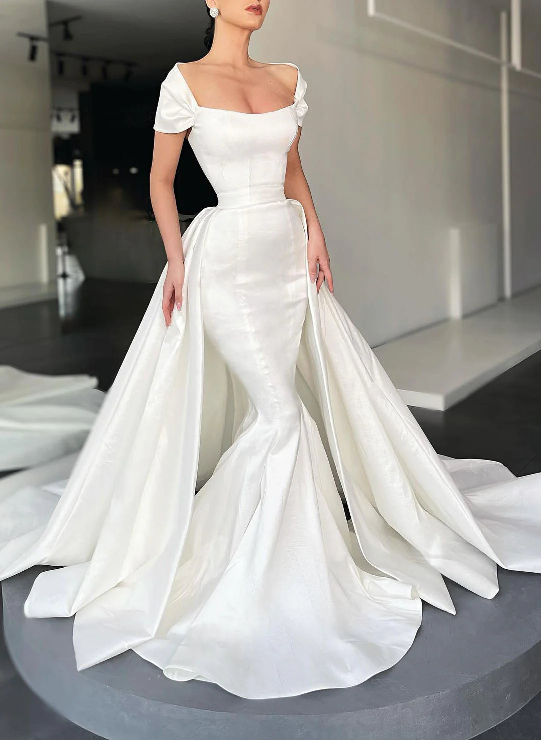 Luolandi Elegant Wedding Dresses Simple Satin Wrap Sheath Floor Length Solid Color Sexy