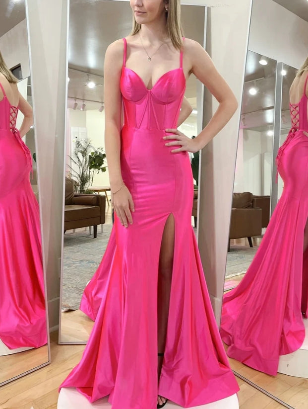 Luolandi Hot Pink Spaghetti Straps Satin Long Prom Dress with Slit Elegant Evening Dress
