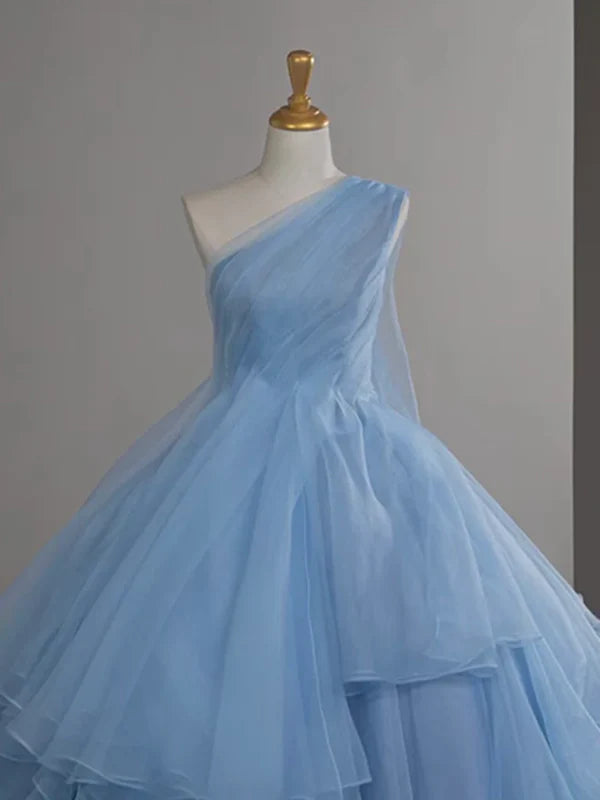 Luolandi Ball Gown One Shoulder Tulle Blue Ruffle Tiered Long Prom Dress Evening Dress Light Blue