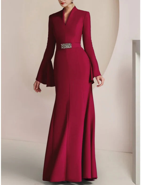 Luolandi A-Line Mother of the Bride Dress Wedding Guest Party Elegant V Neck Floor Length Chiffon Long Sleeve with Pleats