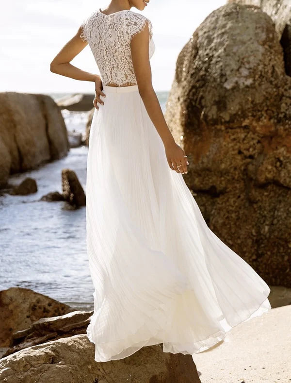 Luolandi Beach Boho Wedding Dresses Two Piece Scoop Neck Sleeveless Floor Length Chiffon Bridal Suits Bridal Gowns With Appliques