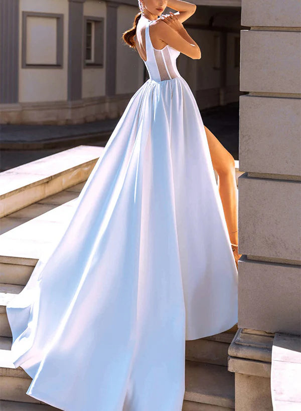 Luolandi Sweetheart Satin Wedding Dress With High Split Front A Line Floor Length Sexy Simple