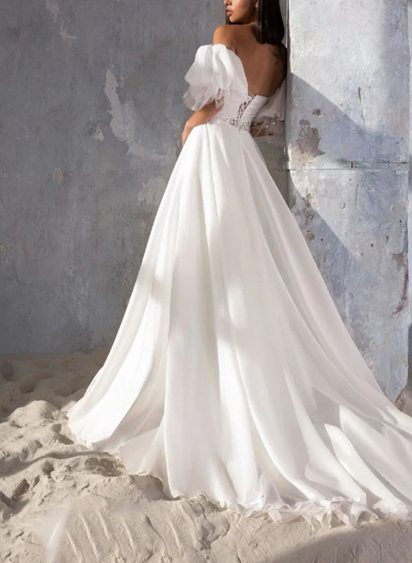 Luolandi Sweetheart Short Sleeves Court Train Tulle Wedding Dress With Split Front Off Shoulder