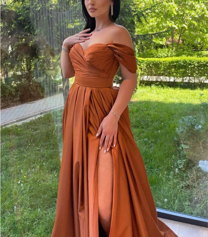 Luolandi A Line Off The Shoulder Sweetheart High Split Floor Length Open Back Prom Dress Sexy Evening Dress
