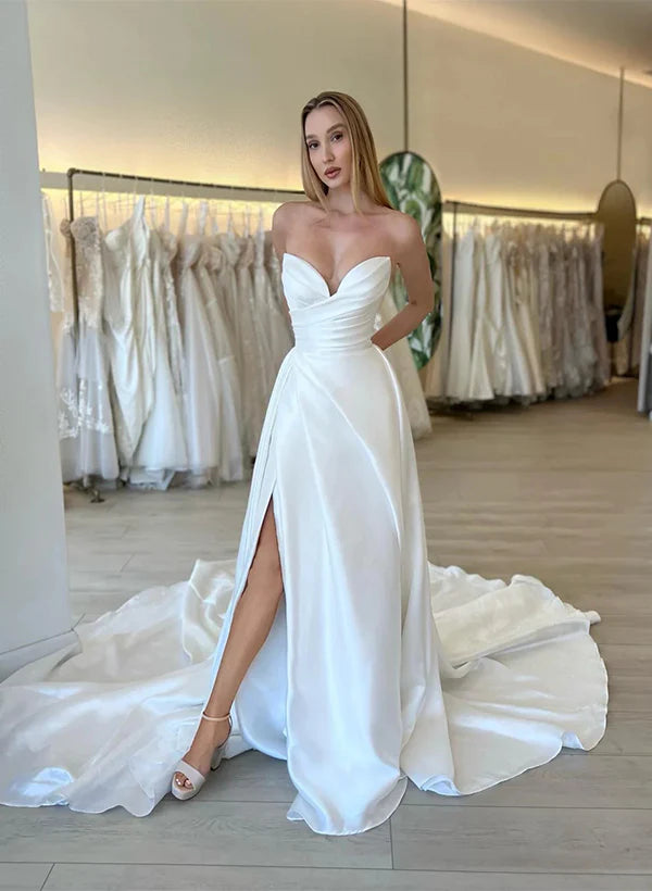 Luolandi A-Line Sweetheart Long Sleeves Wedding Dresses With Split Front Off Shoulder Floor Length Simple