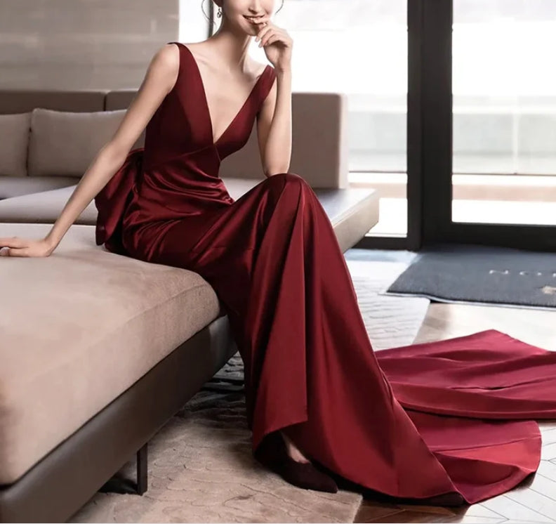 Luolandi Burgundy V-Neck Satin Backless Long Prom Dress Evening Party Dress Elegant