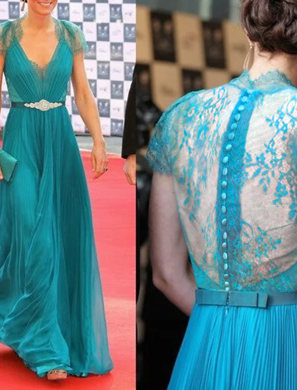 Luolandi A-Line Evening Gown Elegant Dress Formal Wedding Guest Floor Length Short Sleeve V Neck Chiffon with Pleats Mother of the Bride Dress