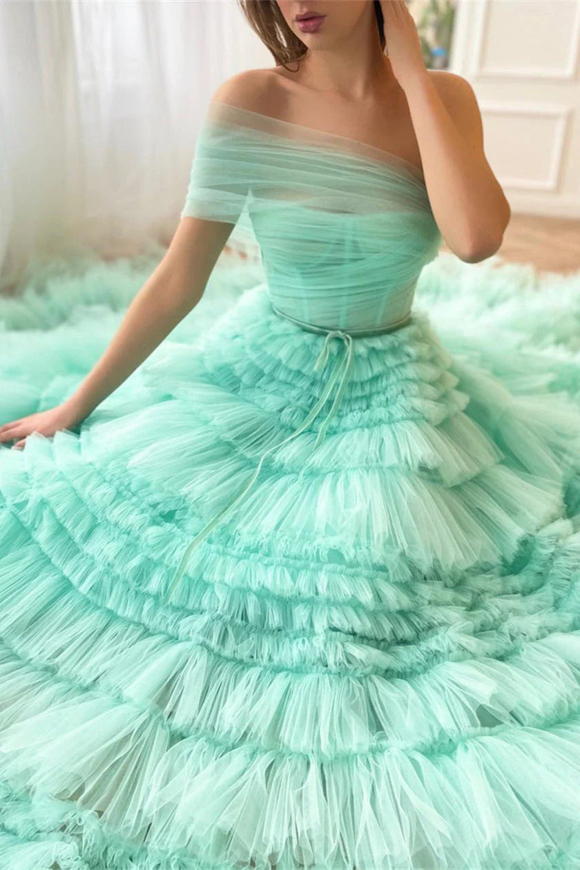 Luolandi Mint Green One Shoulder Long Prom Dress A Line Tiered Evening Dress Floor Length