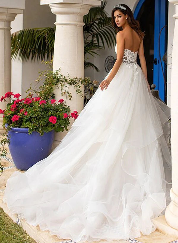 Luolandi Sweetheart Lace/Tulle Wedding Dresses With Cascading Ruffles Off Shoulder Floor Length