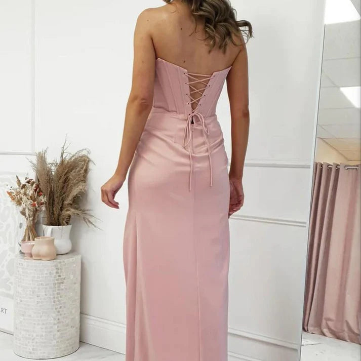 Luolandi Pink Strapless Sheath Simple Long Party Dress Off Shoulder Elegant Evening Dress With Slit