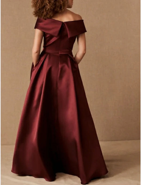 Luolandi A-Line Plus Size Prom Formal Evening Dress Off Shoulder Short Sleeve Floor Length Satin with Pleats Ruched Elegant