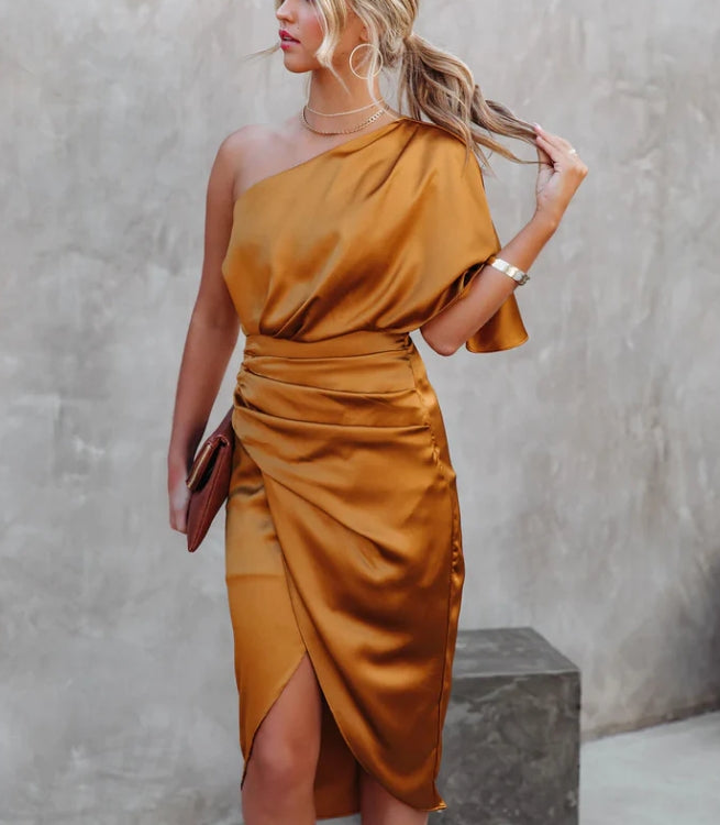 Luolandi One Shoulder Split Midi Length Wedding Guest Dress Party Dress Cocktail Dress