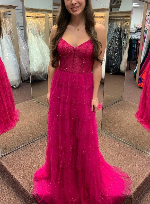 Luolandi Fuchsia Shiny Layers Spaghetti Straps Long Prom Dress Evening Dress With Slit