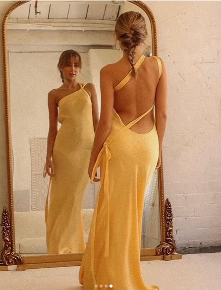 Luolandi Yellow One Shoulder Backless Satin Long Party Dress Elegant Evening Dress Formal Dress
